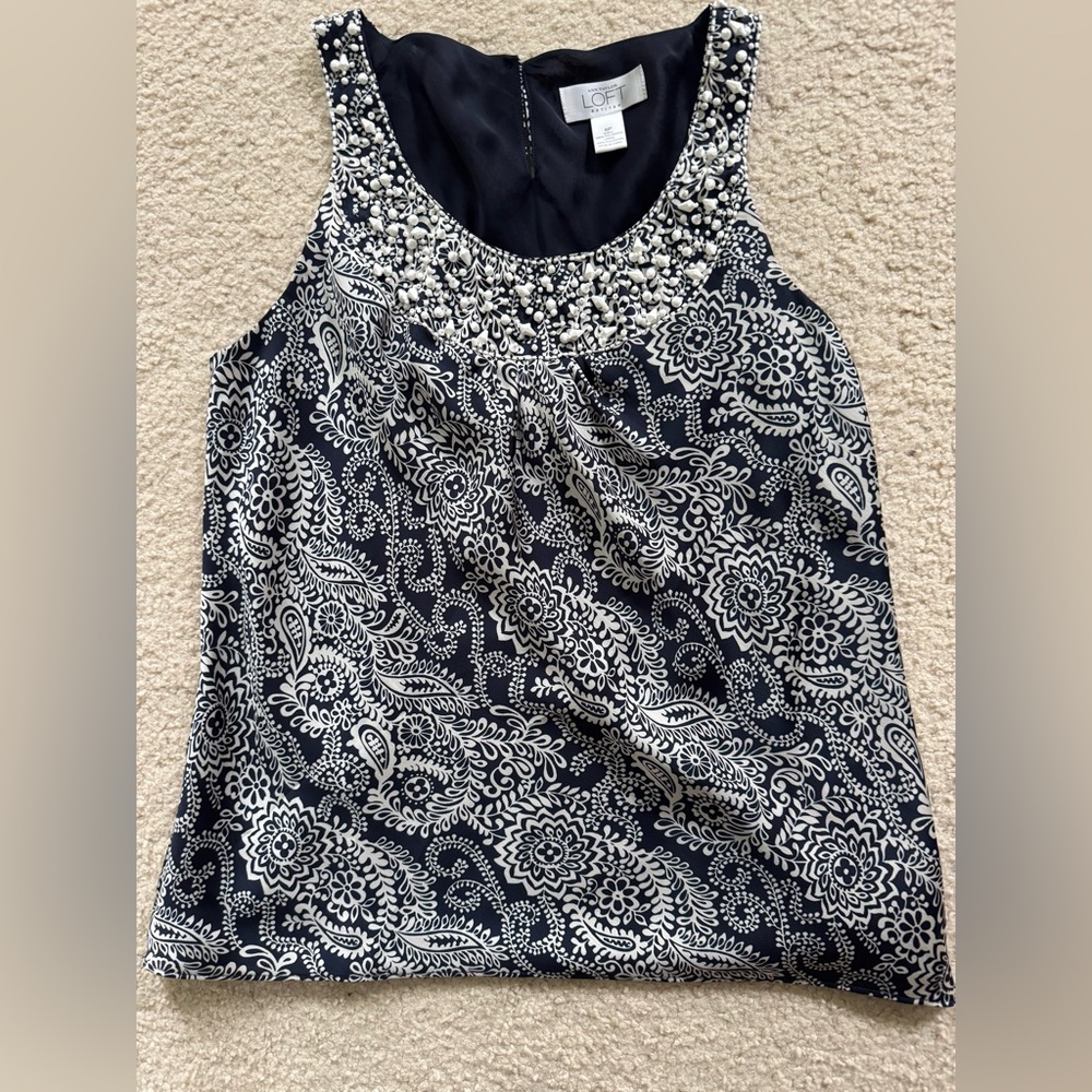 LOFT Black and White Embellished Sleeveless Tank Top